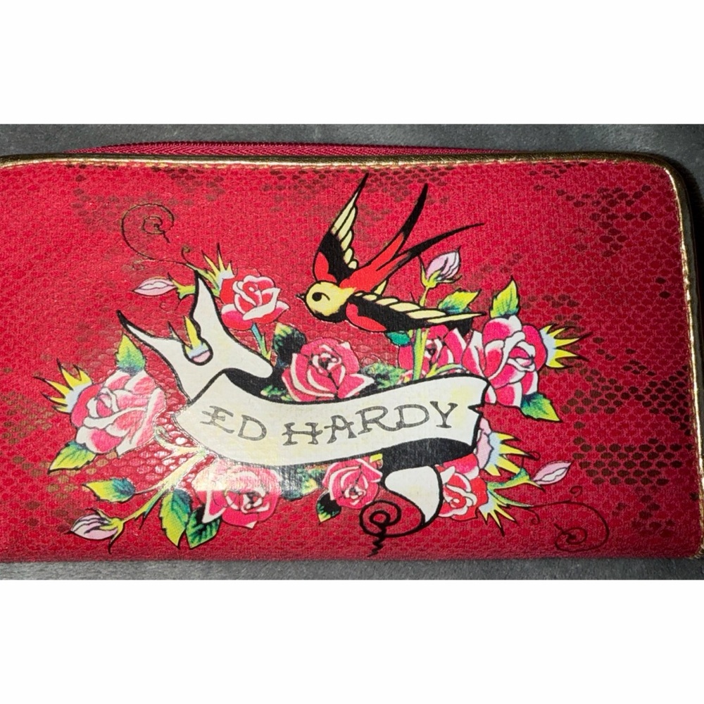 ❤️ Ed Hardy Snake Print Floral Wallet